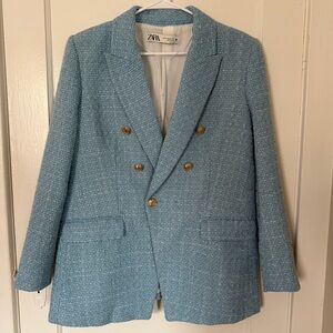 ZARA Women’s Sky Blue Double Breasted Tweed Jacket Casual Blazer-XL